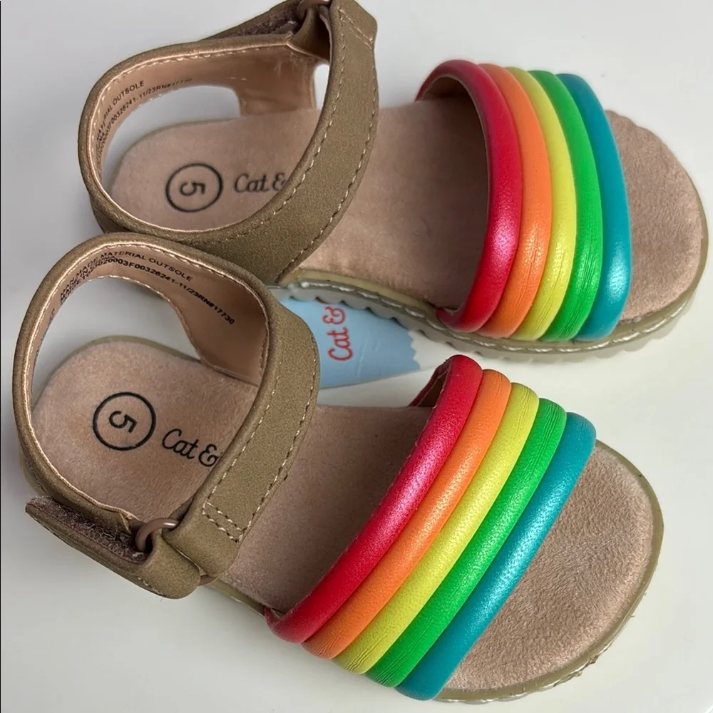 NWT Cat & Jack Red Orange Sandals with Puffy Soft Rainbow Straps